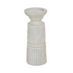 Full view of a whitewashed candle holder with a broad recessed top, narrow neck, diagonal middle bands and a vertically fluted base.