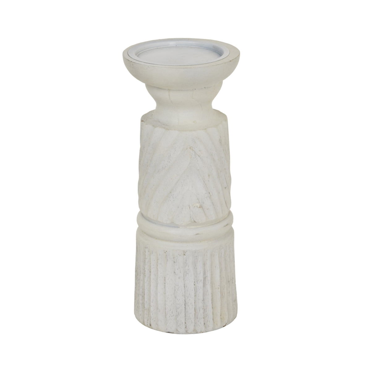 Full view of a whitewashed candle holder with a broad recessed top, narrow neck, diagonal middle bands and a vertically fluted base.