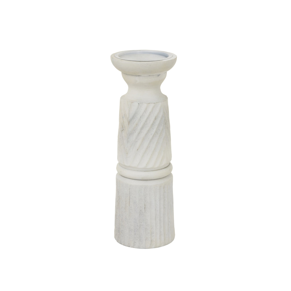 Whitewashed candle holder with a broad recessed circular top, narrow curved neck, diagonal bands and a vertically fluted base.