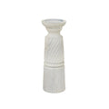 Whitewashed candle holder with a broad recessed circular top, narrow curved neck, diagonal bands and a vertically fluted base.