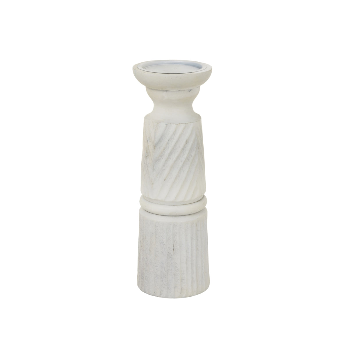 Whitewashed candle holder with a broad recessed circular top, narrow curved neck, diagonal bands and a vertically fluted base.