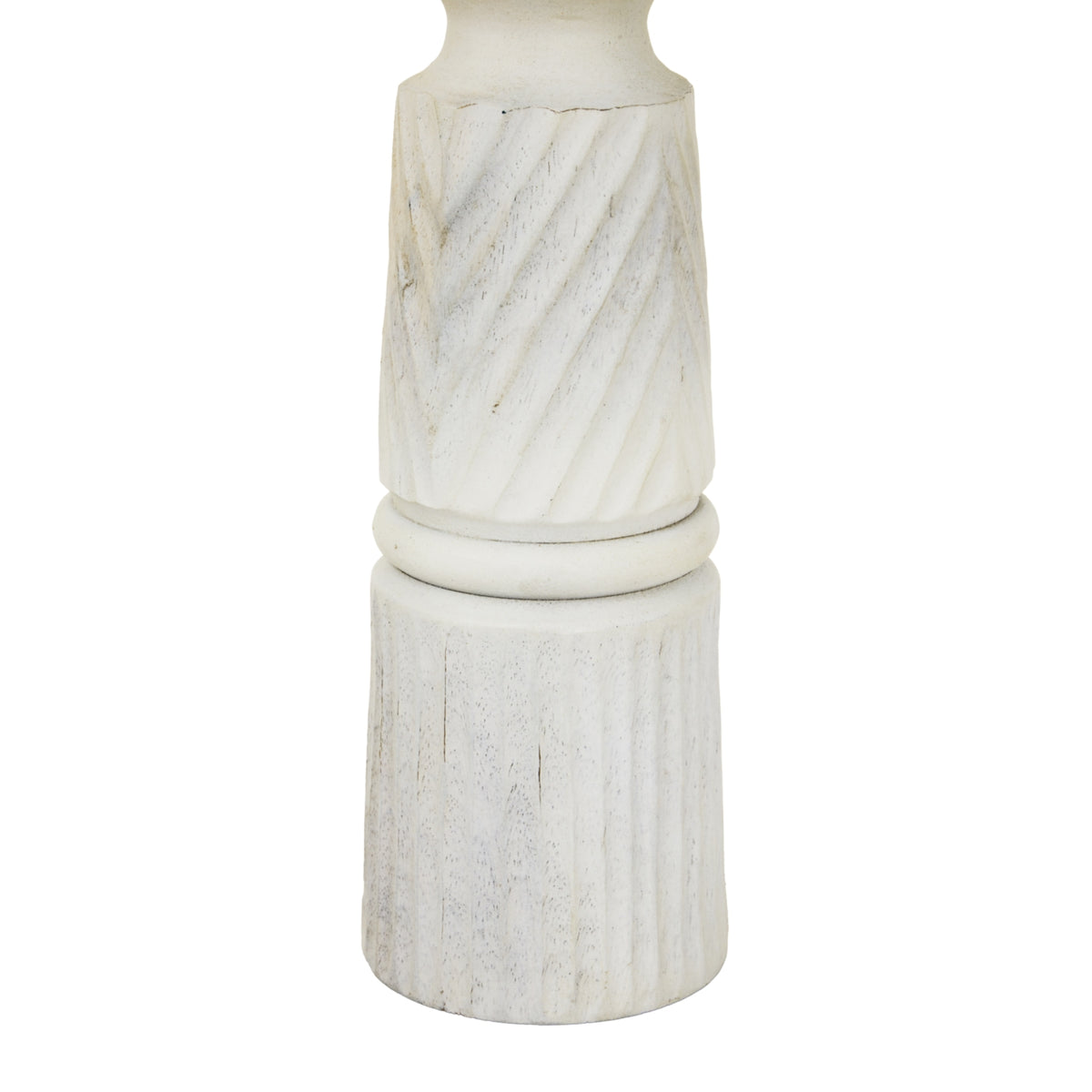 Detail of diagonal bands meeting a rounded ring above the vertically fluted base, with darker markings visible through the whitewash.