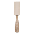 Full view of a floor lamp with a tapering brown-and-white column, raised diagonal pattern, flared top and tall cream cylindrical shade on a white background.