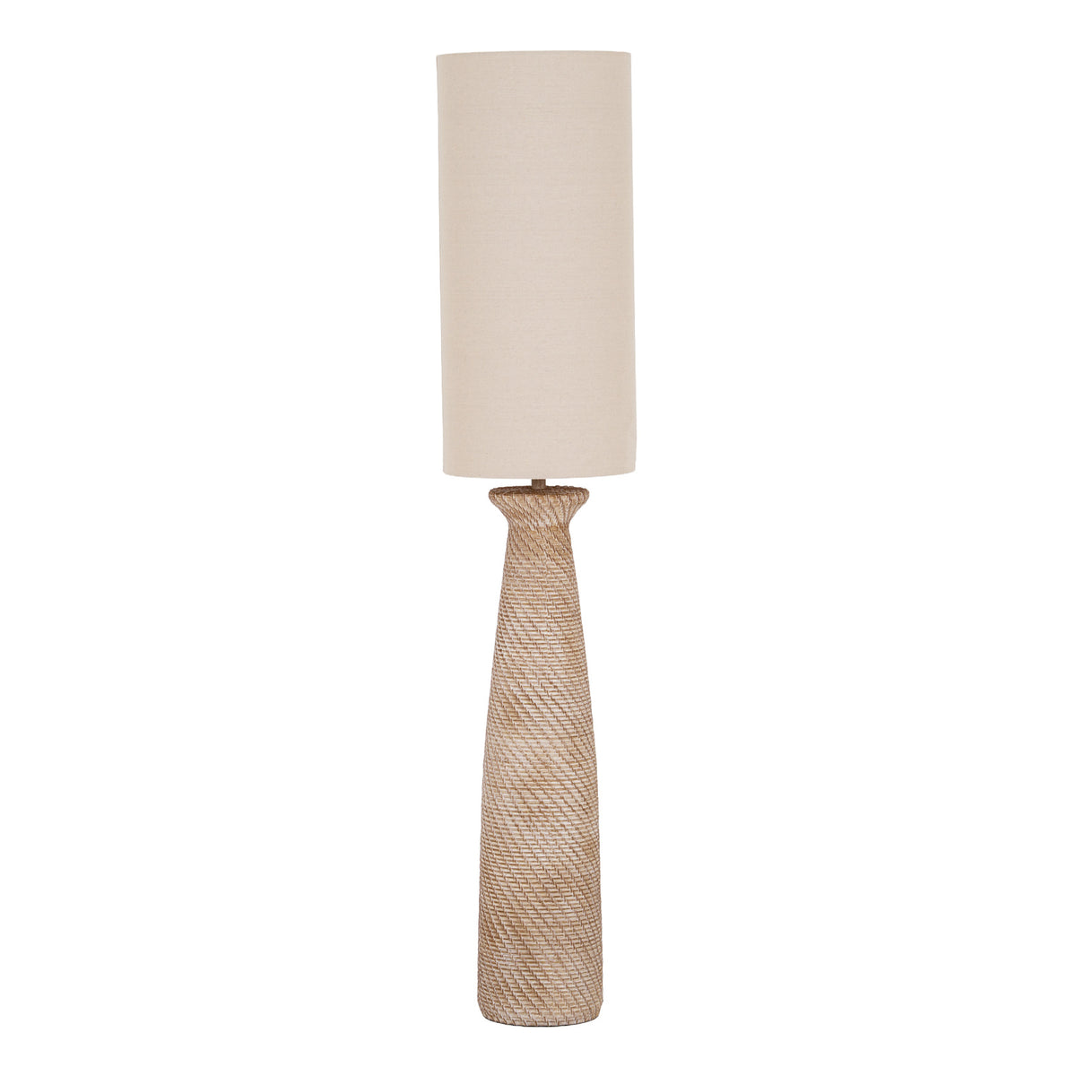 Full view of a floor lamp with a tapering brown-and-white column, raised diagonal pattern, flared top and tall cream cylindrical shade on a white background.