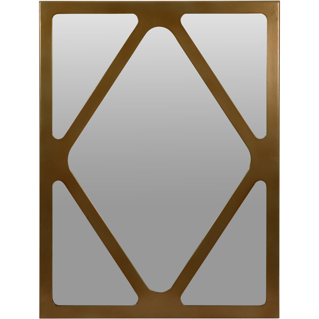 Front view of a rectangular bronze-coloured wall mirror with a central diamond and four triangular mirrored panels.