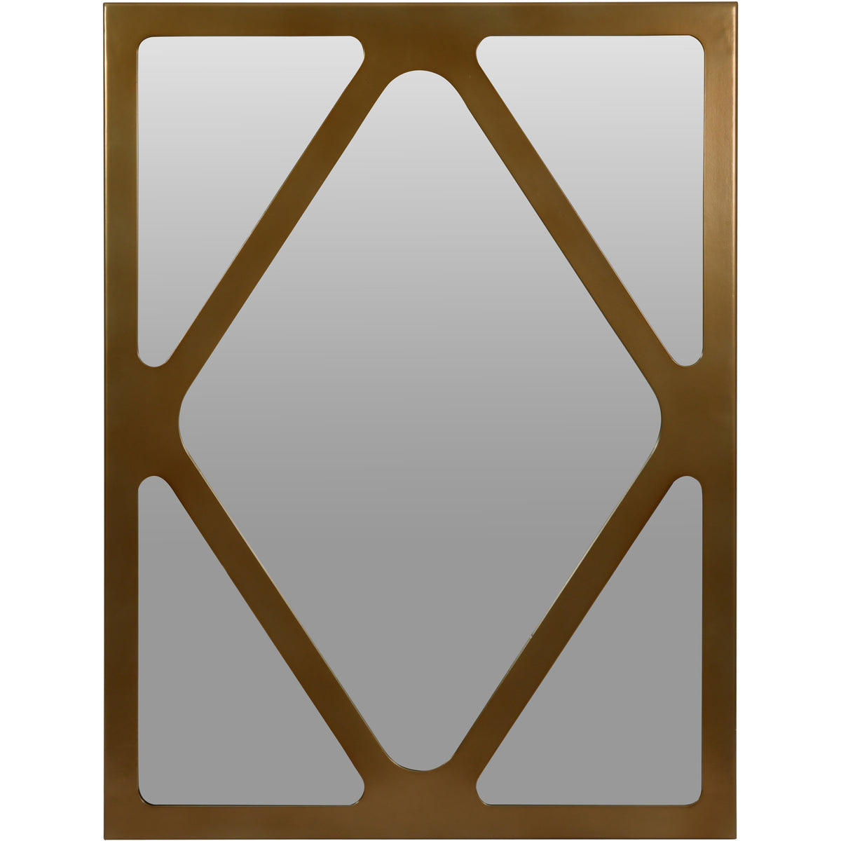 Front view of a rectangular bronze-coloured wall mirror with a central diamond and four triangular mirrored panels.