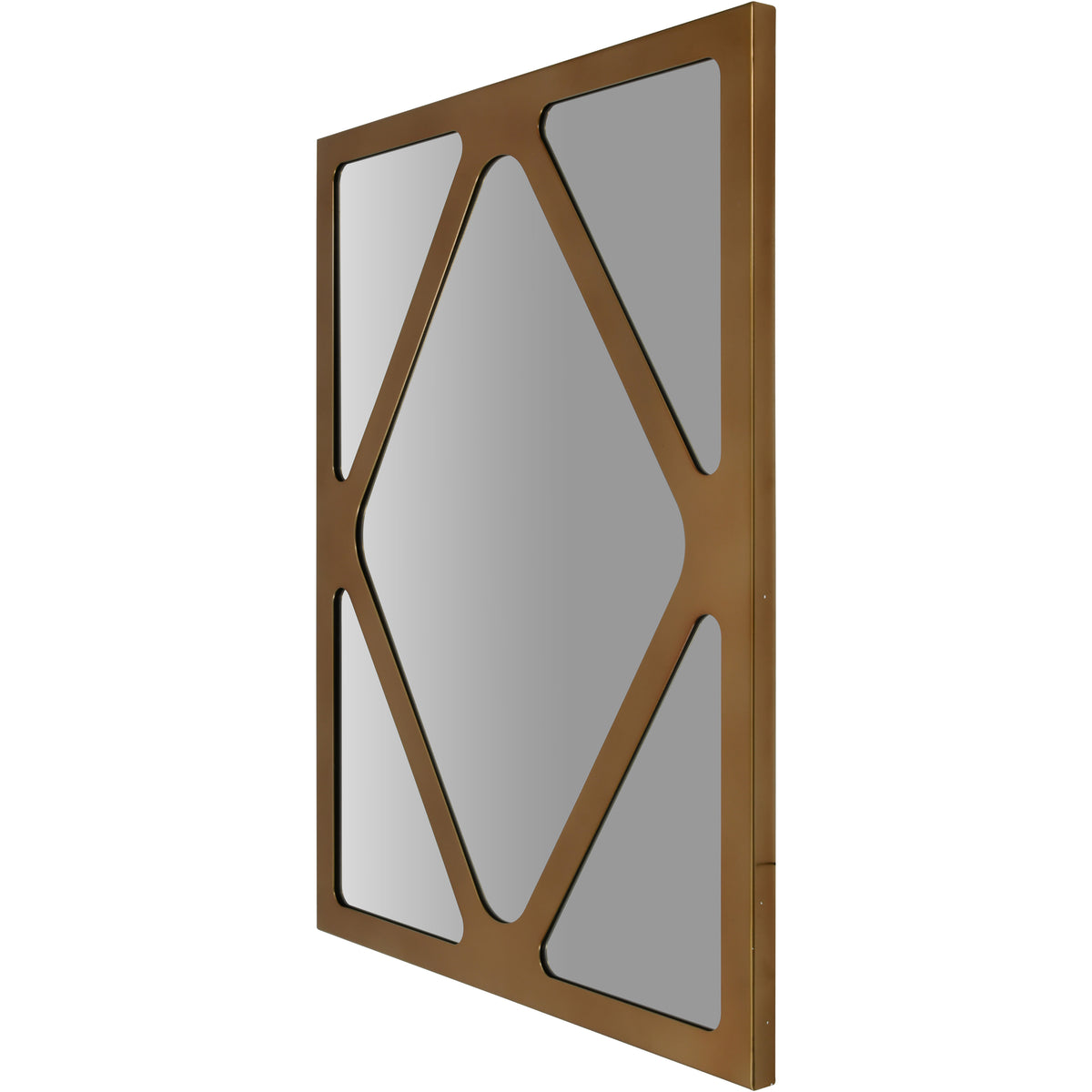 Angled view of the diamond panel mirror showing the bronze-coloured frame and its right-hand side profile.