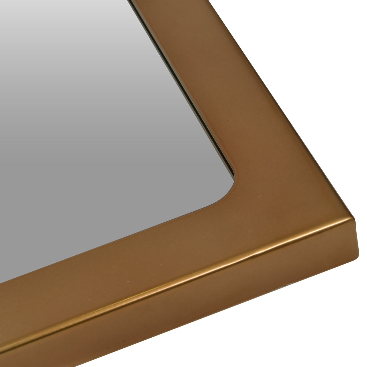 Detail of the mirror's lower frame corner showing the satin bronze colour and rounded edge of a mirrored panel.
