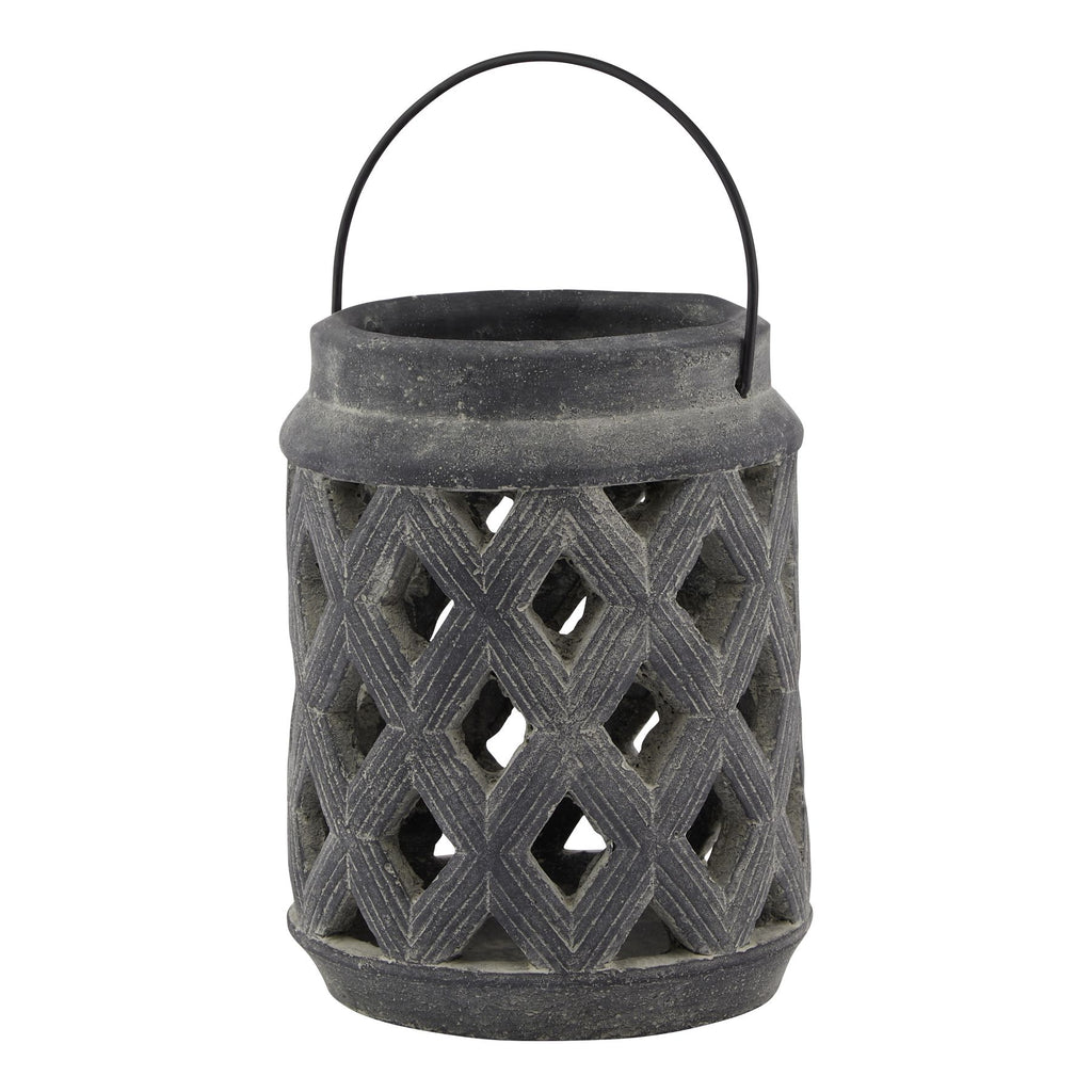 Dark weathered grey cylindrical lantern with a diamond cut-out lattice, rounded rim and upright arched handle against a white background.