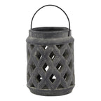 Dark weathered grey cylindrical lantern with a diamond cut-out lattice, rounded rim and upright arched handle against a white background.