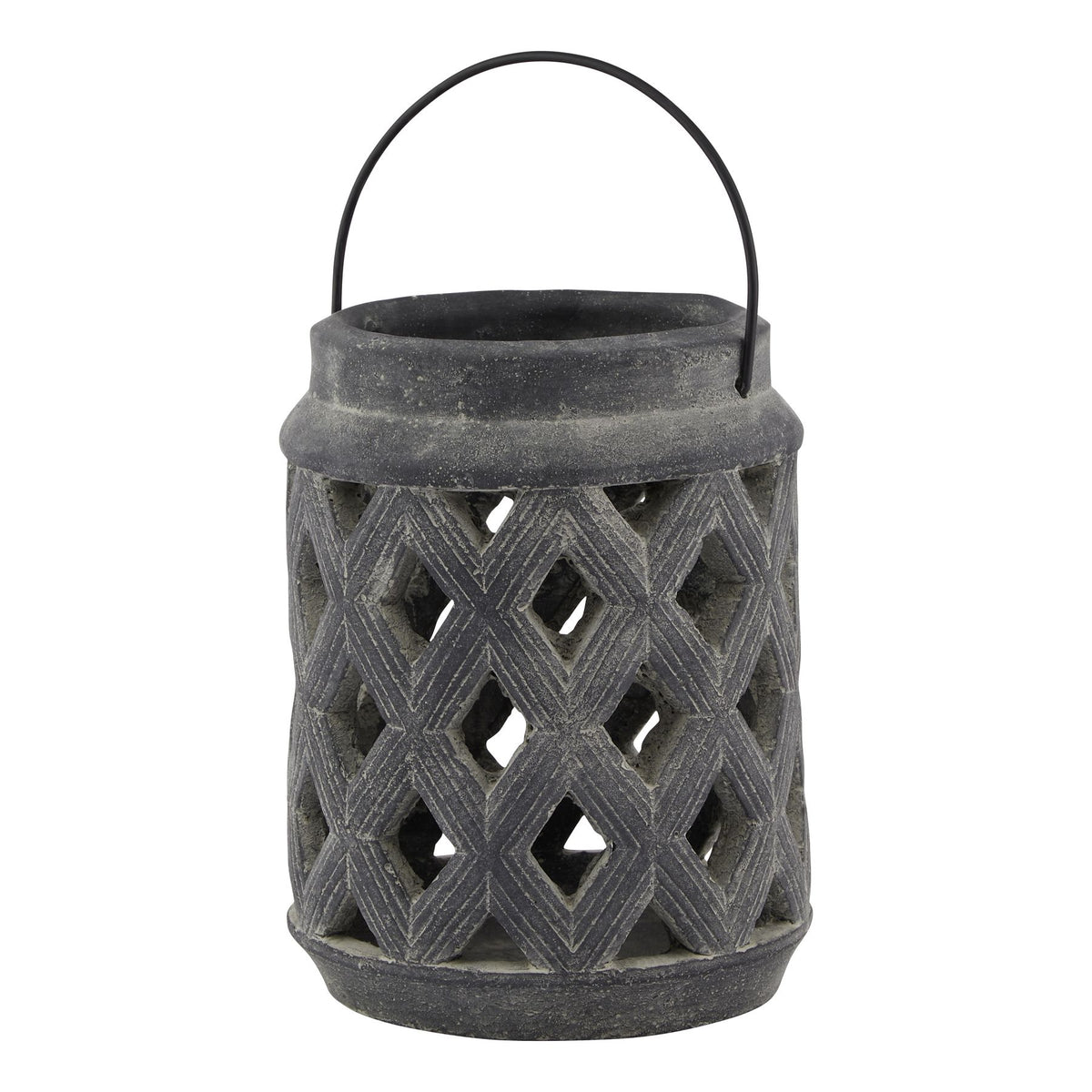 Dark weathered grey cylindrical lantern with a diamond cut-out lattice, rounded rim and upright arched handle against a white background.