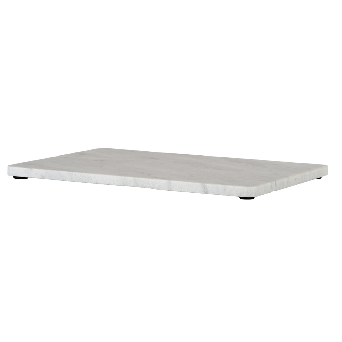 Low angled view of the serving board showing its thin pale edge, lightly marbled top and black pads beneath.
