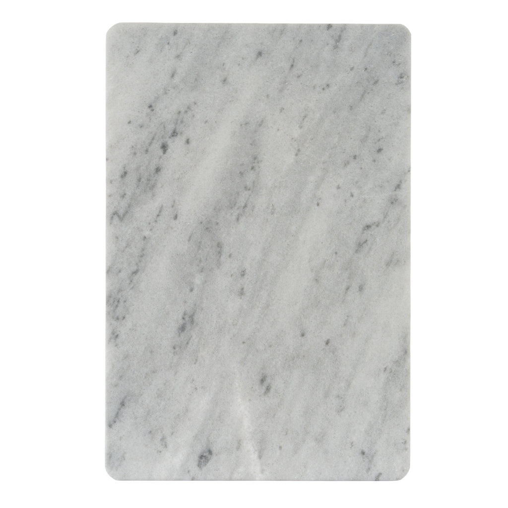 Overhead view of a pale grey-white rectangular serving board with diffuse grey marbling and rounded corners.
