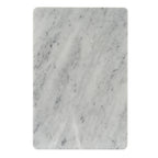 Overhead view of a pale grey-white rectangular serving board with diffuse grey marbling and rounded corners.