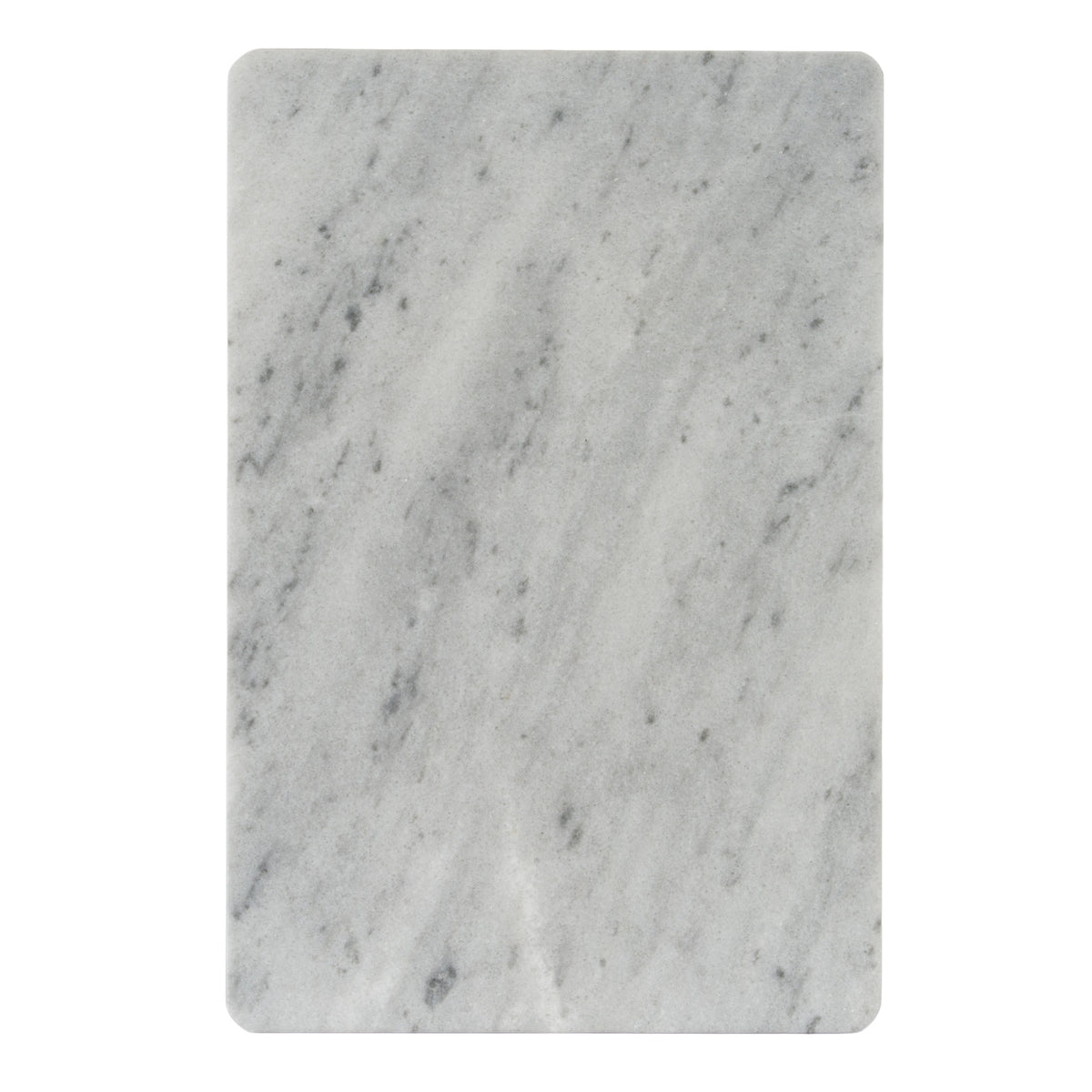 Overhead view of a pale grey-white rectangular serving board with diffuse grey marbling and rounded corners.
