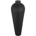 Charcoal-black lidded vase viewed slightly from above, showing the dimpled cap, rounded shoulders and long tapered body.