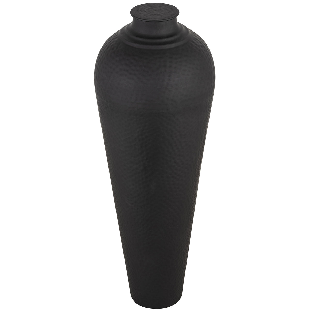 Charcoal-black lidded vase viewed slightly from above, showing the dimpled cap, rounded shoulders and long tapered body.