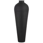 Front view of the tall dark vase, with a narrow neck, thin projecting lid edge and textured body narrowing to a flat foot.