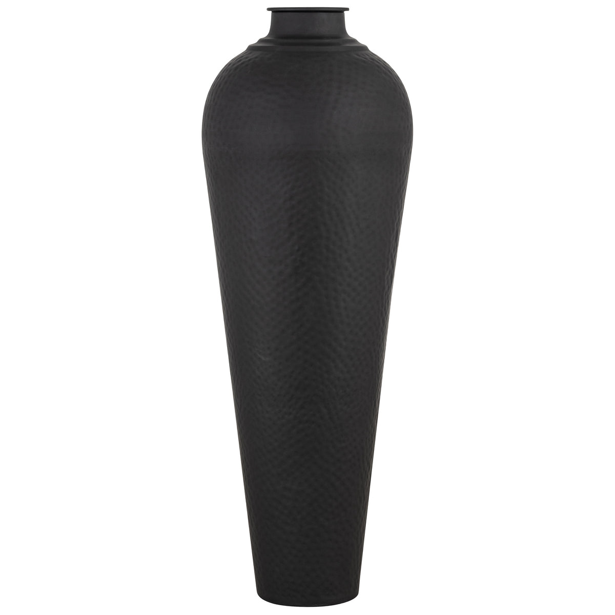 Front view of the tall dark vase, with a narrow neck, thin projecting lid edge and textured body narrowing to a flat foot.