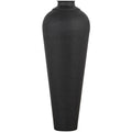 Front view of a tall matt-black vase with a tapered body, rounded shoulders, dimpled surface and flat circular cap on a white background.