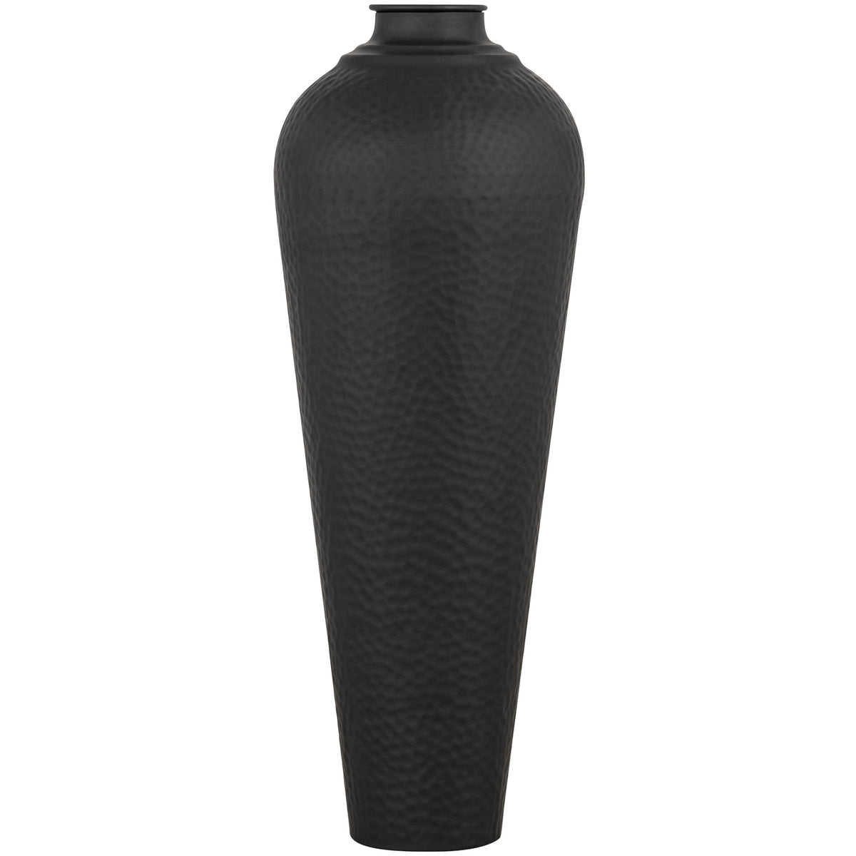 Front view of a tall matt-black vase with a tapered body, rounded shoulders, dimpled surface and flat circular cap on a white background.