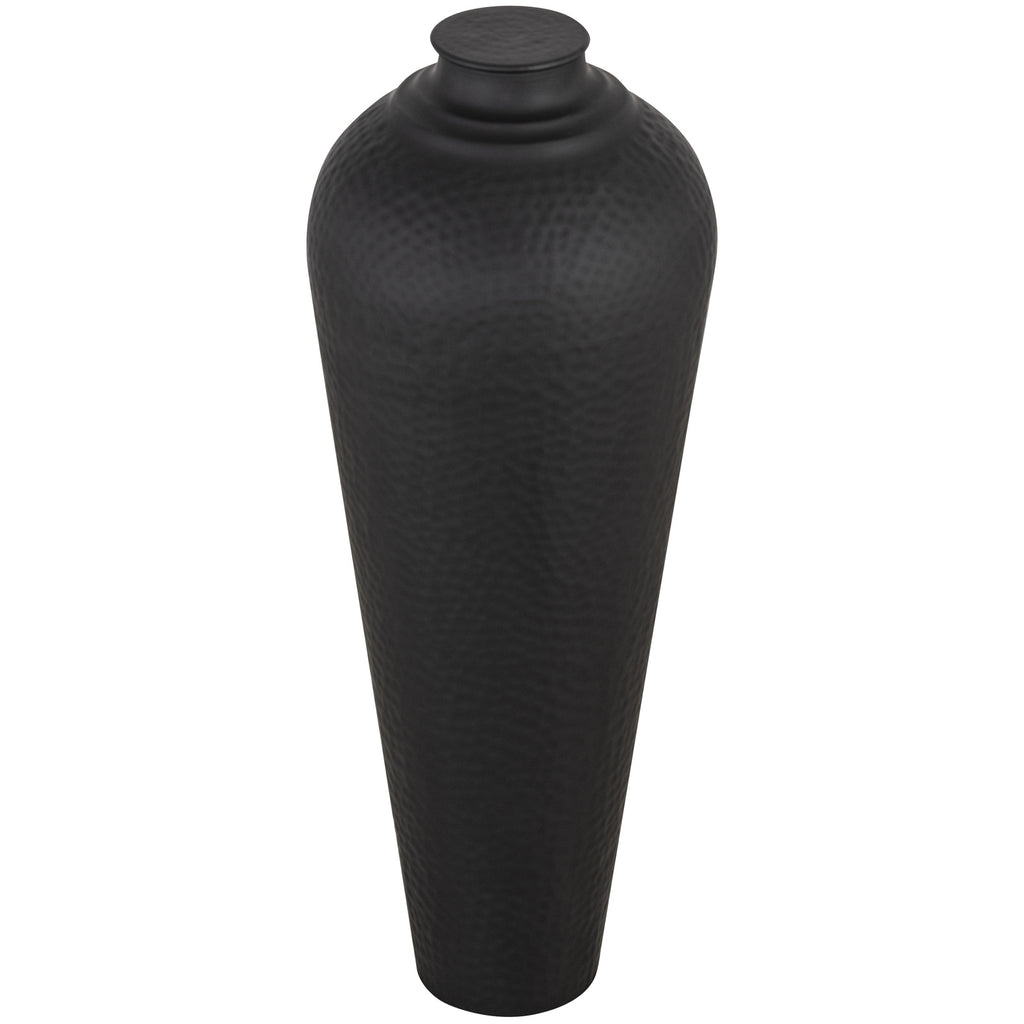 Black dimpled vase viewed from slightly above, showing the circular cap, short neck and rounded shoulders against white.