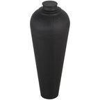 Black dimpled vase viewed from slightly above, showing the circular cap, short neck and rounded shoulders against white.