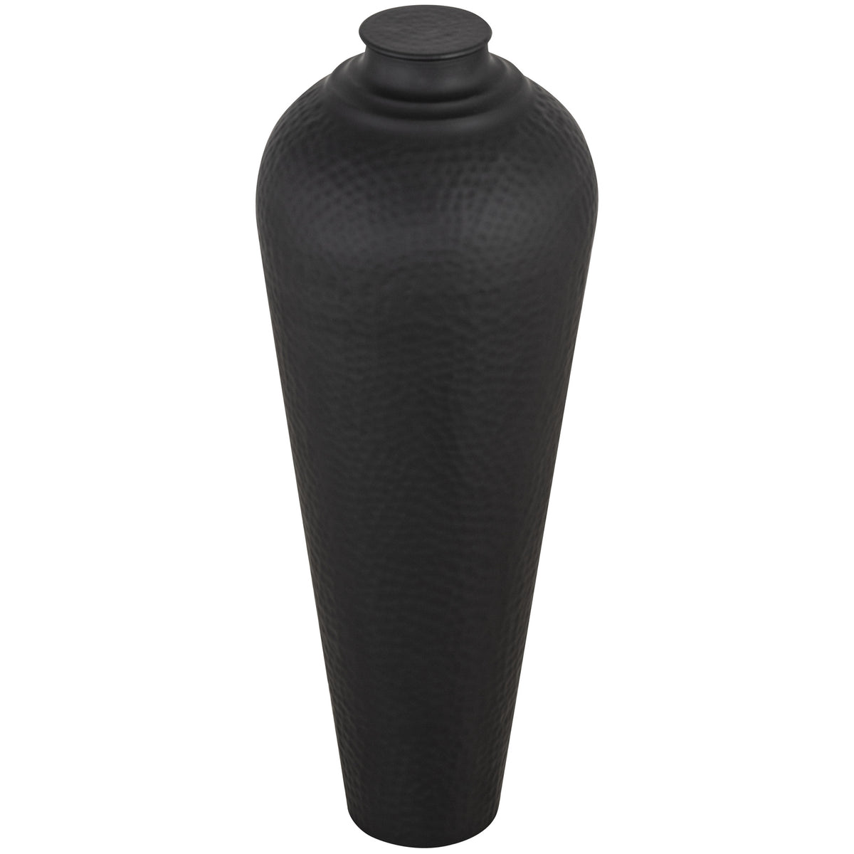 Black dimpled vase viewed from slightly above, showing the circular cap, short neck and rounded shoulders against white.