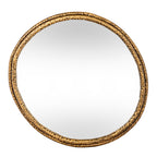 Front view of a near-round wall mirror with two gold-tone frame bands dotted with dark dimples.