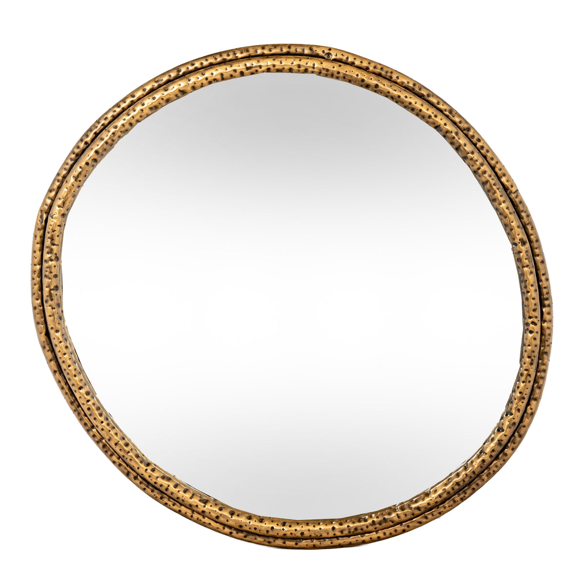 Front view of a near-round wall mirror with two gold-tone frame bands dotted with dark dimples.
