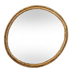 Front view of a near-round wall mirror with two concentric gold-tone rings covered in dark dimples.