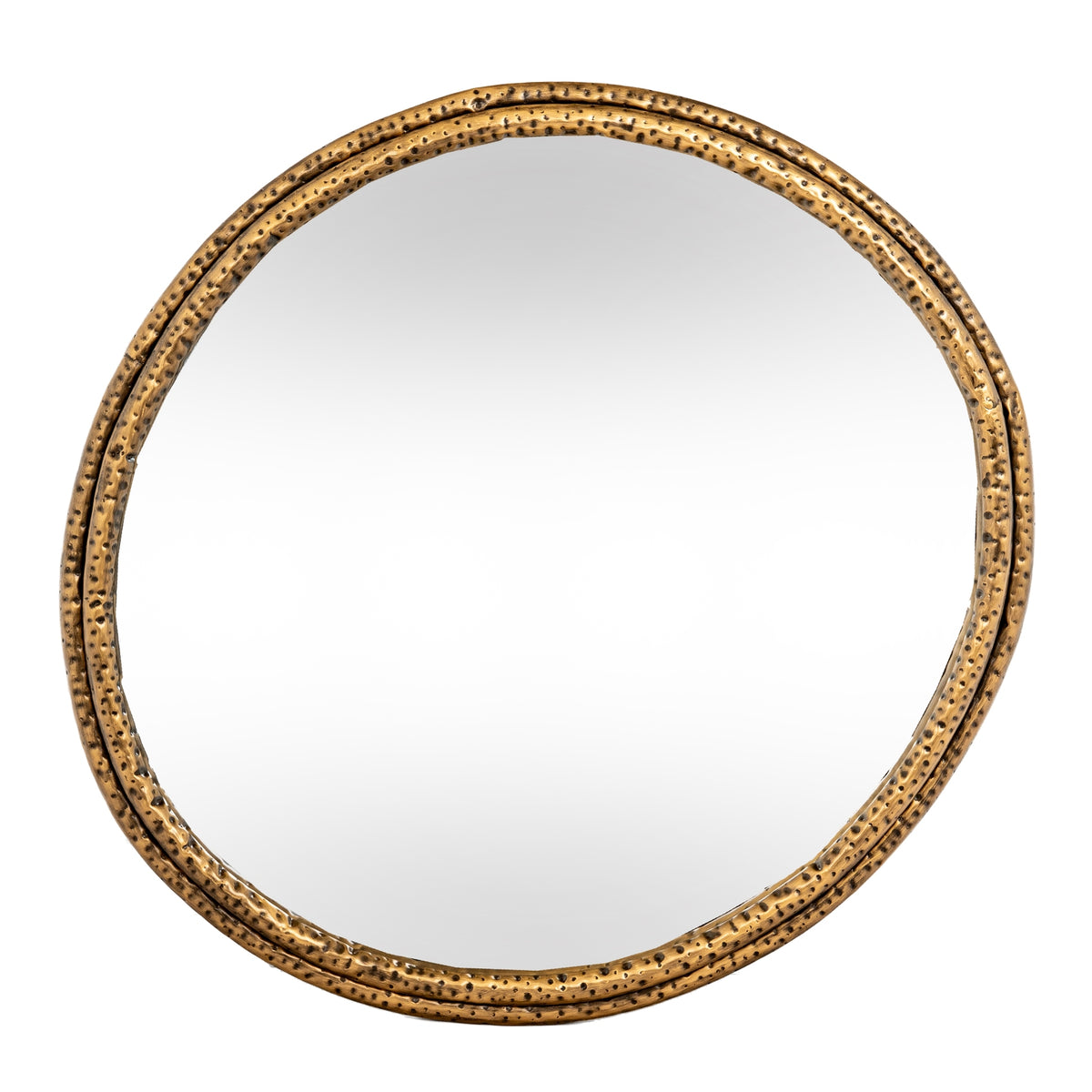 Front view of a near-round wall mirror with two concentric gold-tone rings covered in dark dimples.