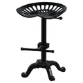 Black Dished Seat Stool on a white background, showing its perforated seat, side handle, twisted footrest and curved feet.