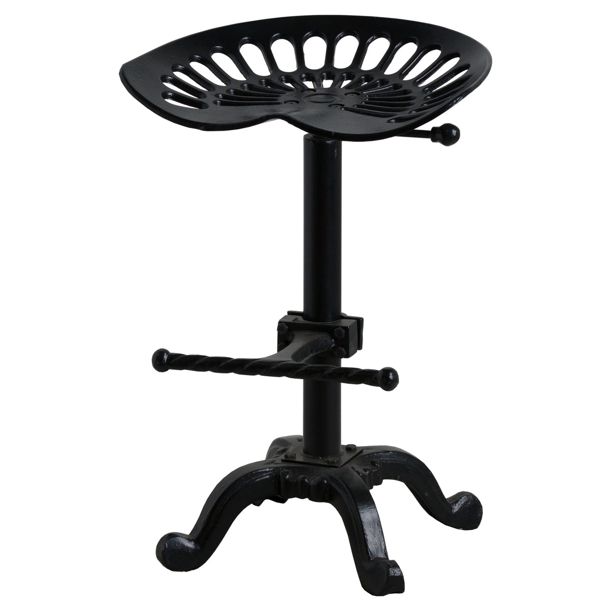 Black Dished Seat Stool on a white background, showing its perforated seat, side handle, twisted footrest and curved feet.