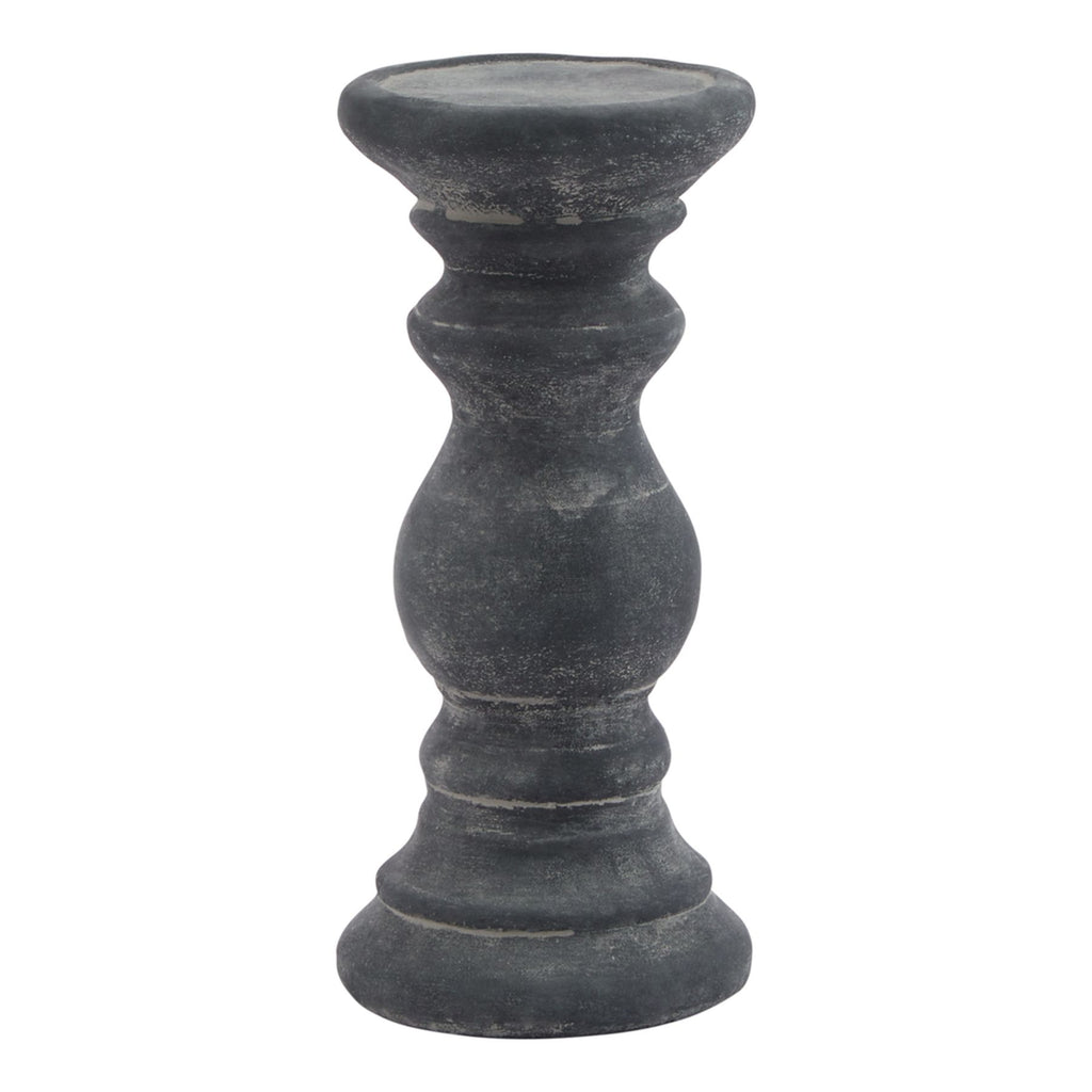Dark grey candle holder on a white background, showing its shallow round dish, curved ringed stem and stepped circular foot.