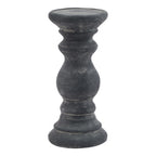 Dark grey candle holder on a white background, showing its shallow round dish, curved ringed stem and stepped circular foot.