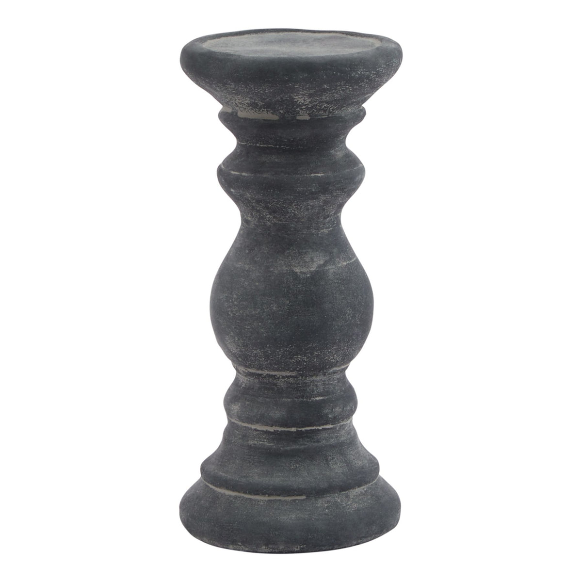 Dark grey candle holder on a white background, showing its shallow round dish, curved ringed stem and stepped circular foot.