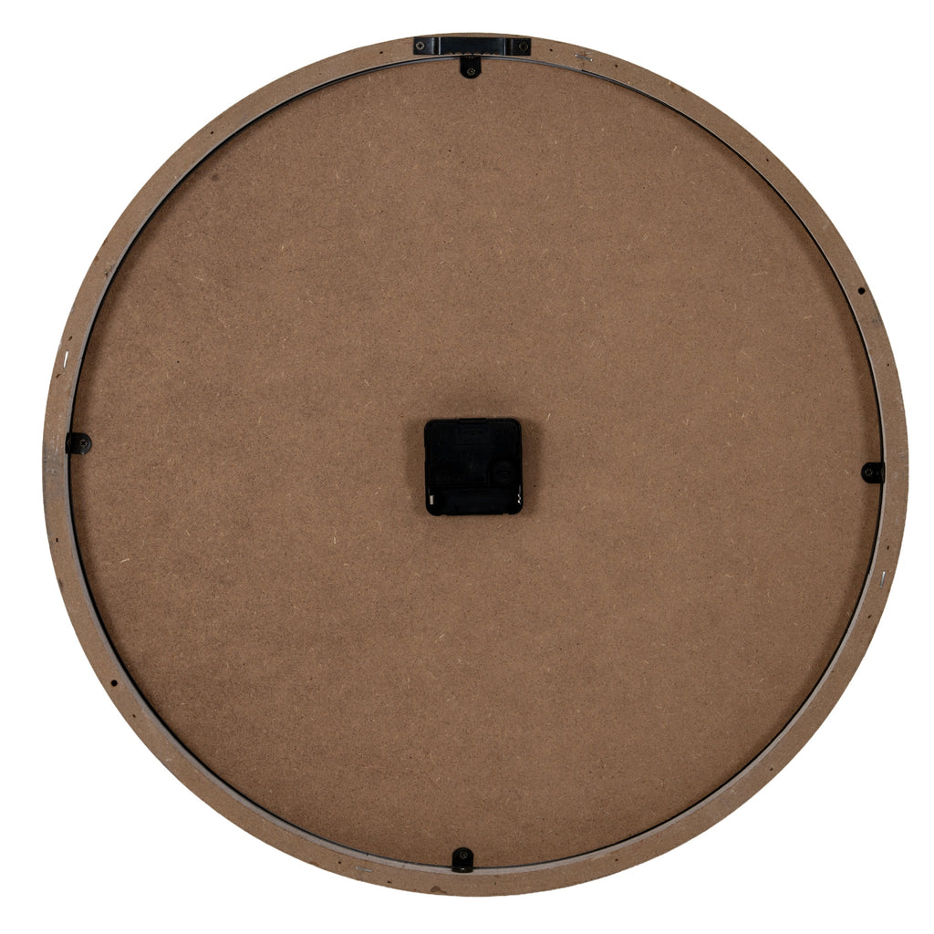 Rear view of the circular clock with a brown back panel, central black movement and hanging bracket at the top.
