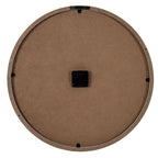 Rear view of the circular clock with a brown back panel, central black movement and hanging bracket at the top.