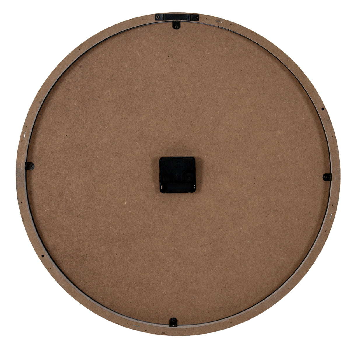 Rear view of the circular clock with a brown back panel, central black movement and hanging bracket at the top.