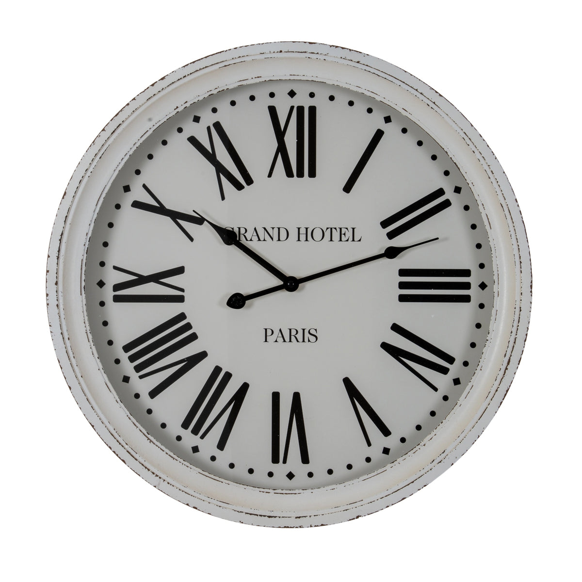 Front view of the round white wall clock with a distressed rim, black Roman numerals and GRAND HOTEL PARIS lettering.