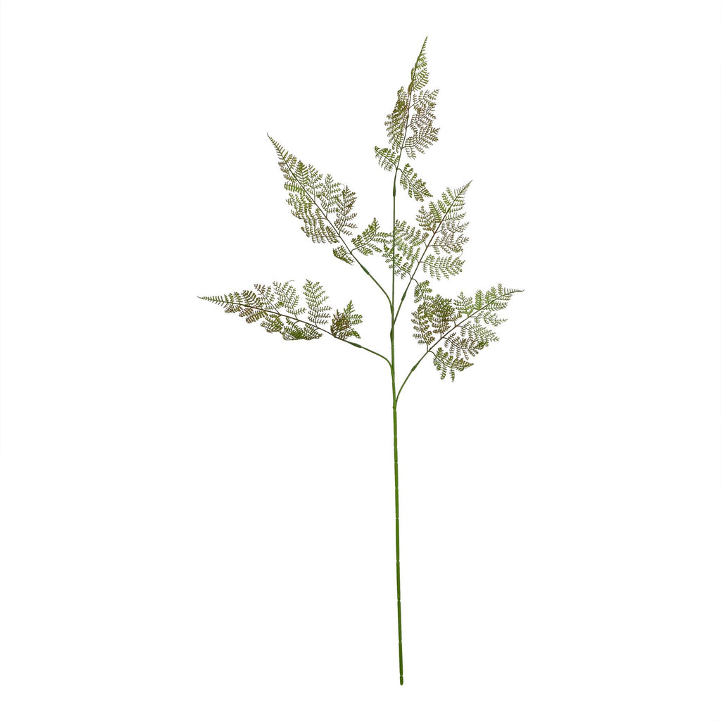 Full view of the artificial foliage spray against white, with a long green stem and open fern-like fronds branching upwards and outwards.