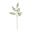 Full view of the artificial foliage spray against white, with a long green stem and open fern-like fronds branching upwards and outwards.