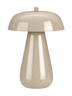 Beige table lamp with a broad glossy dome shade, tapered base and small brass detail at the top, shown against white.