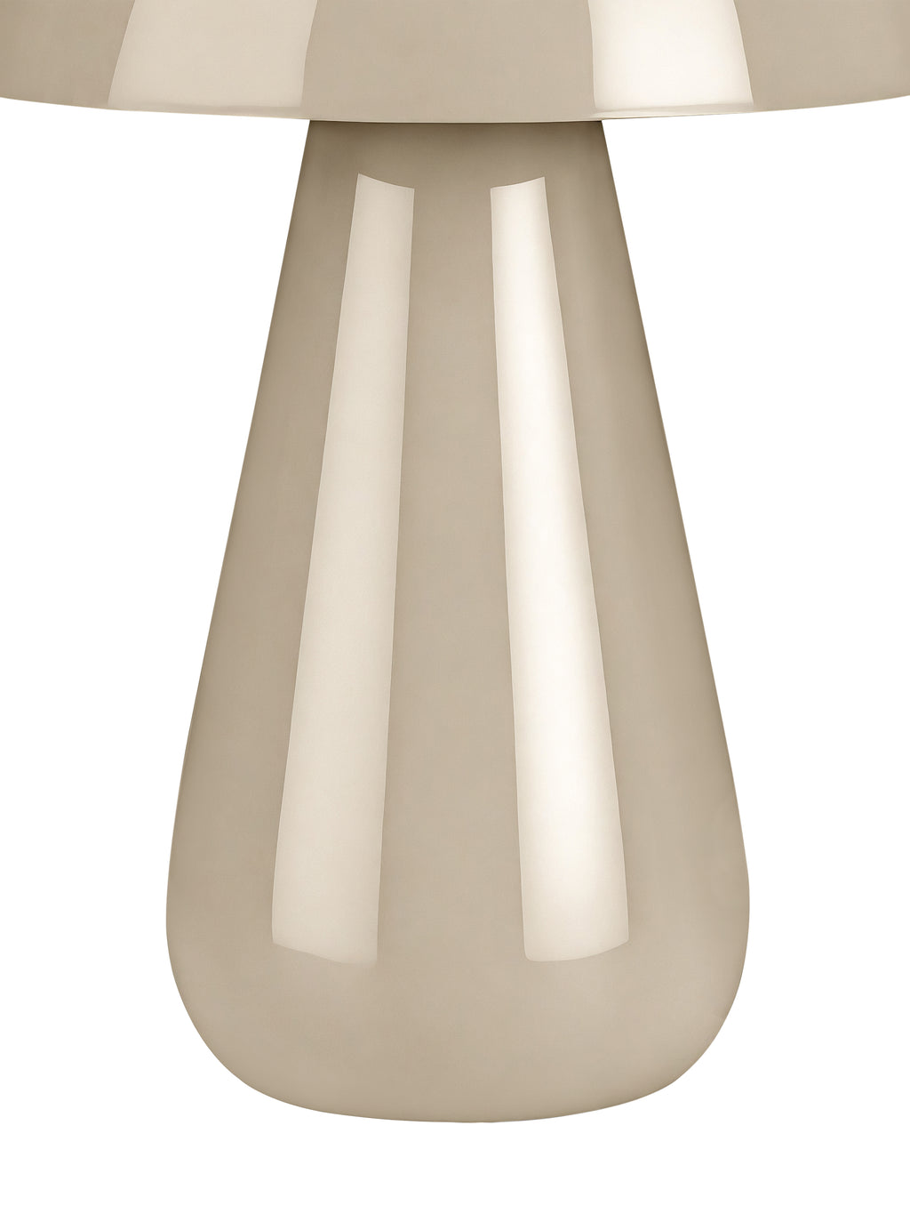 Close view of the lamp's tapered beige base and rounded foot beneath the lower edge of the glossy dome shade.