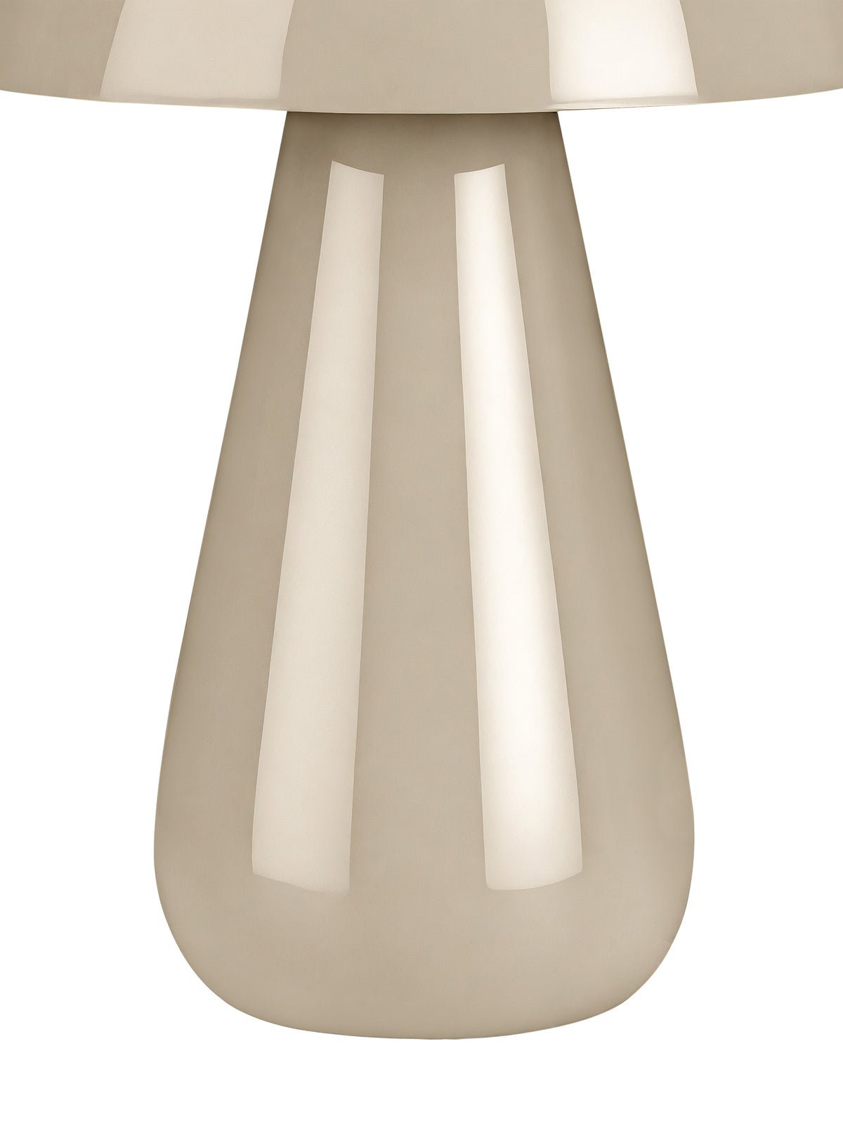 Close view of the lamp's tapered beige base and rounded foot beneath the lower edge of the glossy dome shade.