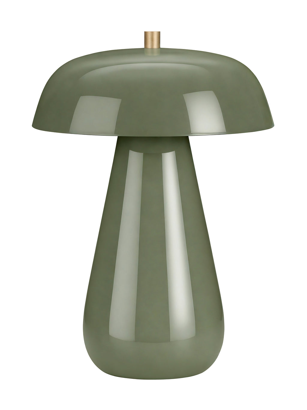Green table lamp with a glossy dome shade, tapered rounded base and small brass cap, shown against white.
