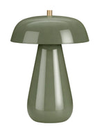 Green table lamp with a glossy dome shade, tapered rounded base and small brass cap, shown against white.