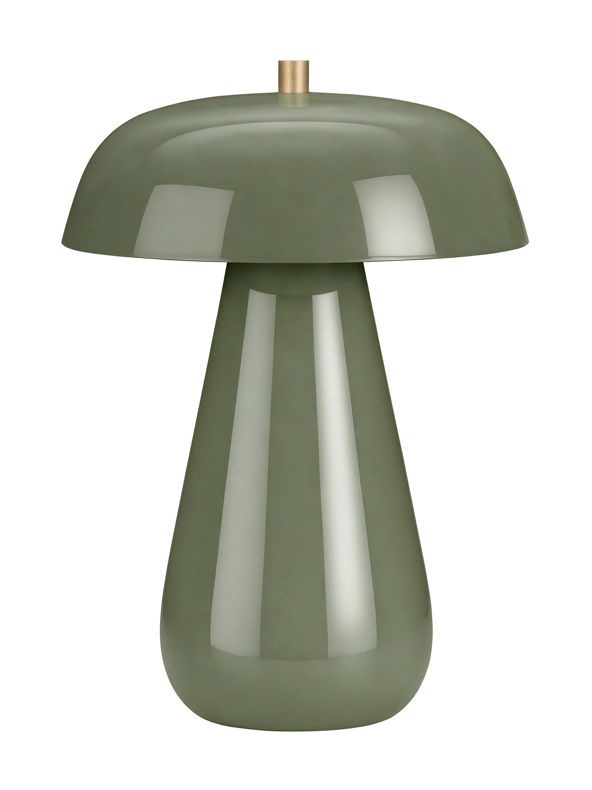 Green table lamp with a glossy dome shade, tapered rounded base and small brass cap, shown against white.