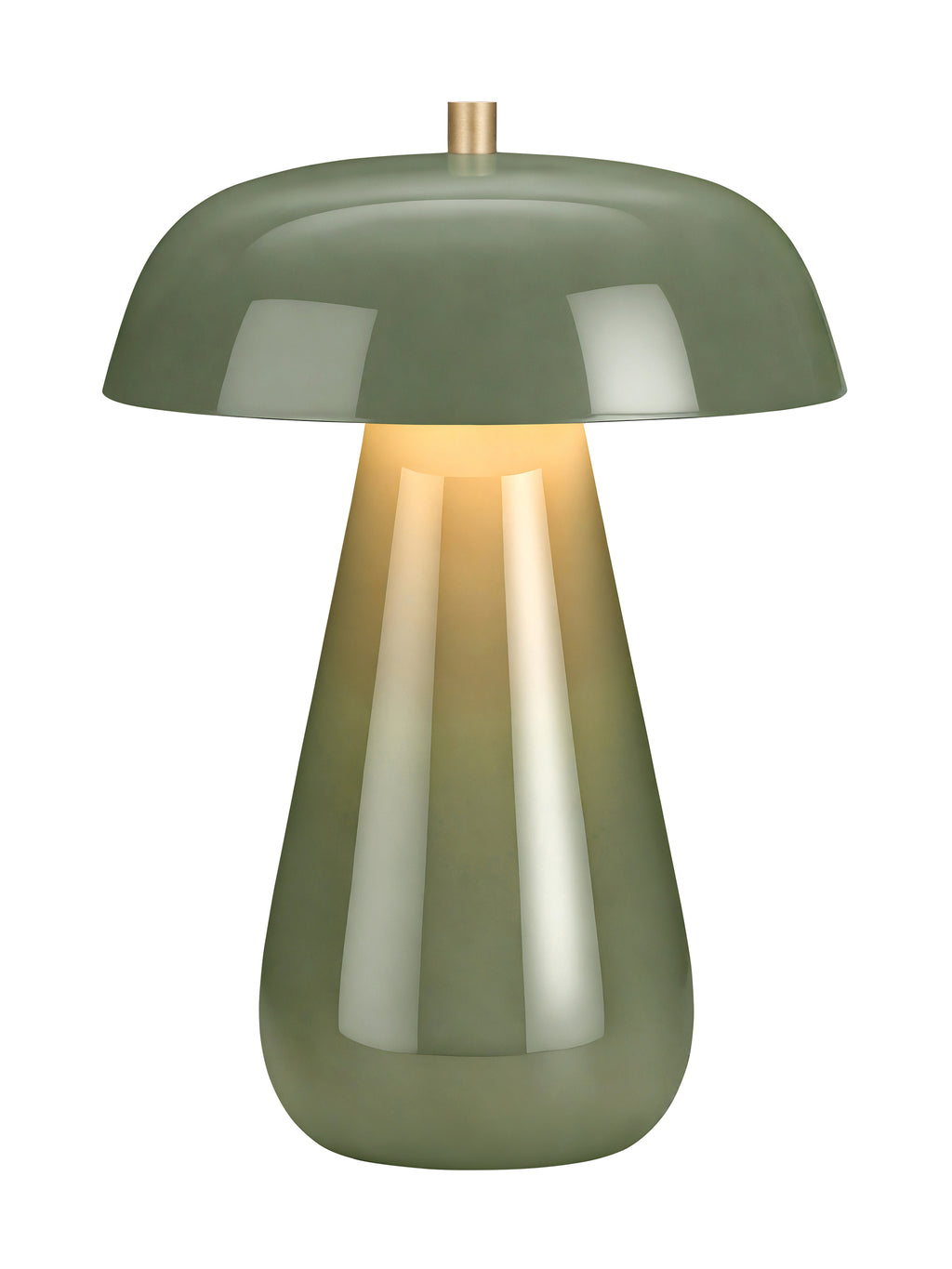 Green dome table lamp switched on, with a yellow glow beneath the shade and reflections down the tapered base.